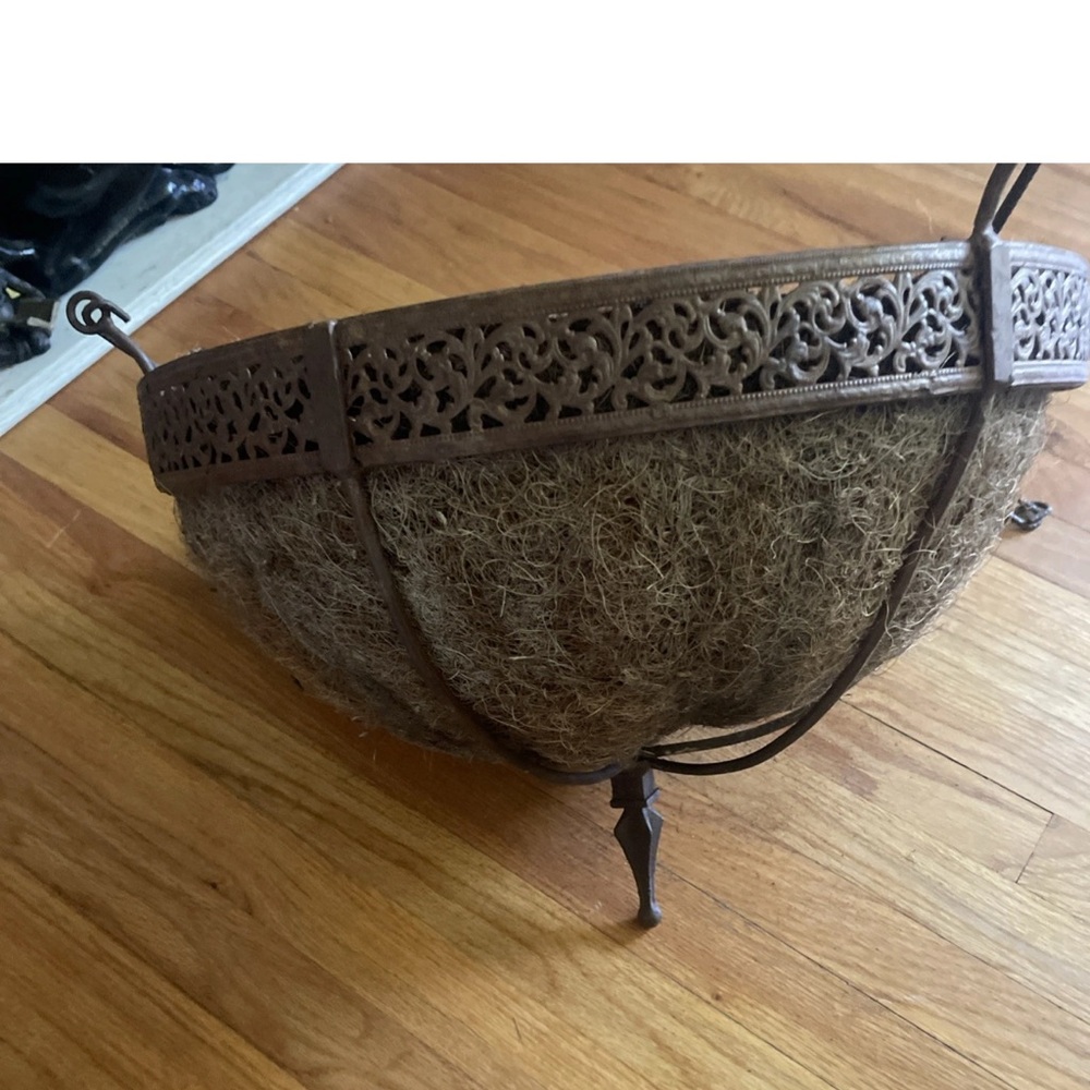 Extra Large Ornate Wrought Iron Hanging Planter With Coconut Lining 19"x17"